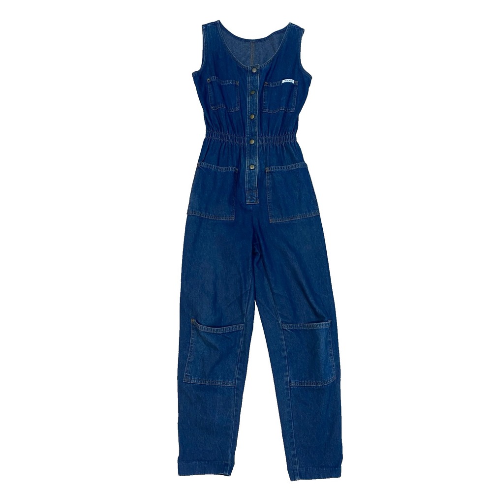 Vtg 80s Ideas Denim Jumpsuit Sleeveless Utility Pockets Snap Button Streetwear